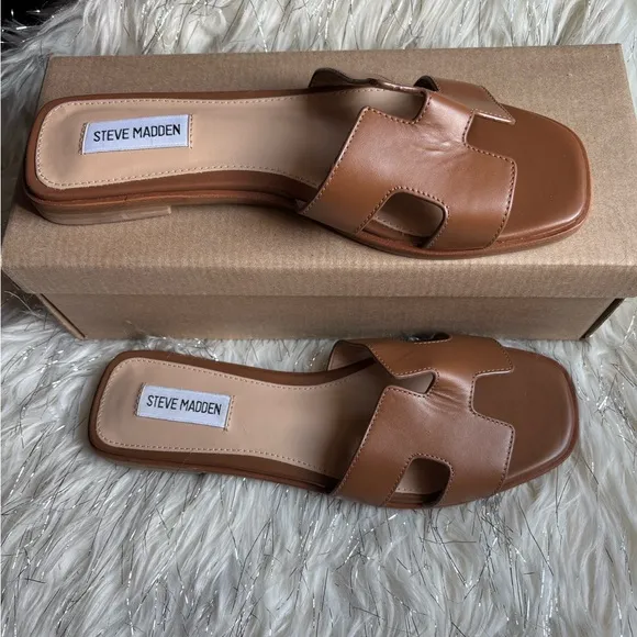 New Steve Madden Brown Hadyn Cognac Leather Slide Sandals Size 9 New with Box