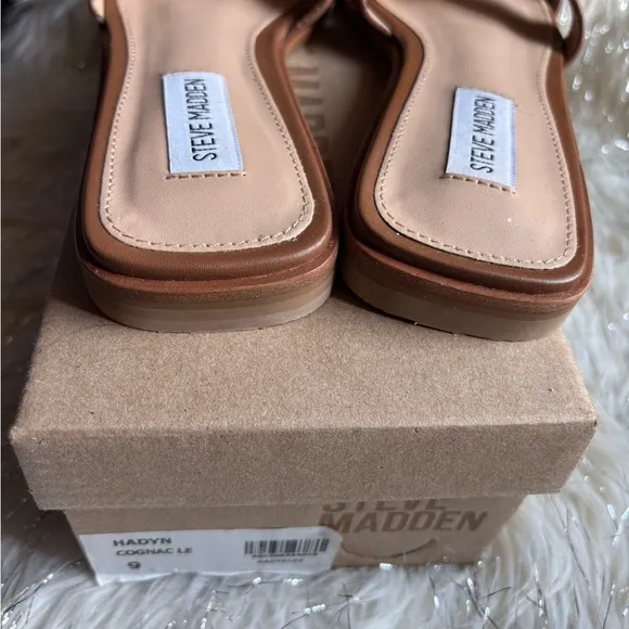New Steve Madden Brown Hadyn Cognac Leather Slide Sandals Size 9 New with Box