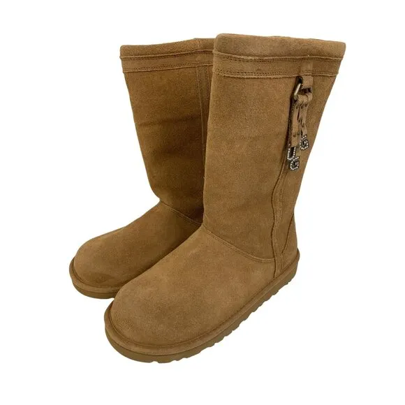 New UGG Australia Sz 5 Womens Layrnn Charm Tassle Boots Chestnut Suede &amp; Wool