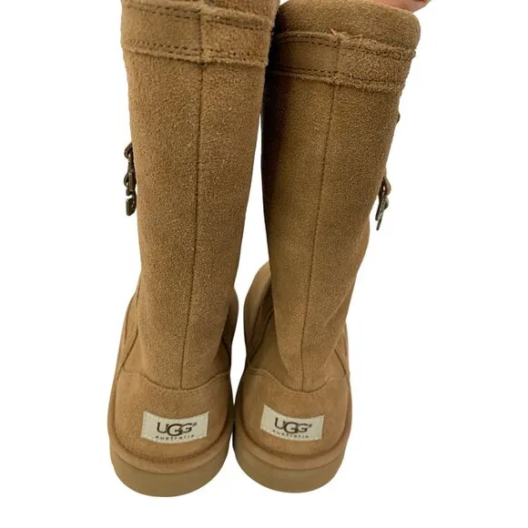 New UGG Australia Sz 5 Womens Layrnn Charm Tassle Boots Chestnut Suede &amp; Wool