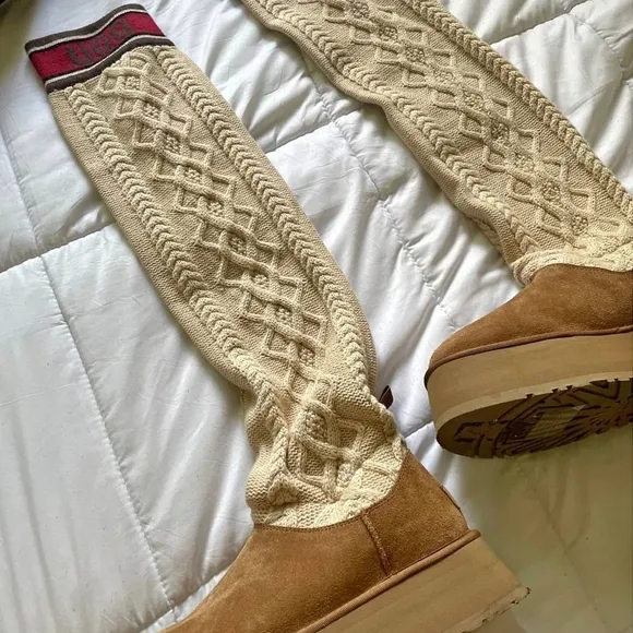 NEW UGG Platform Classic Sweater Letter Cream Tan Winter Boots Knit Boots 9