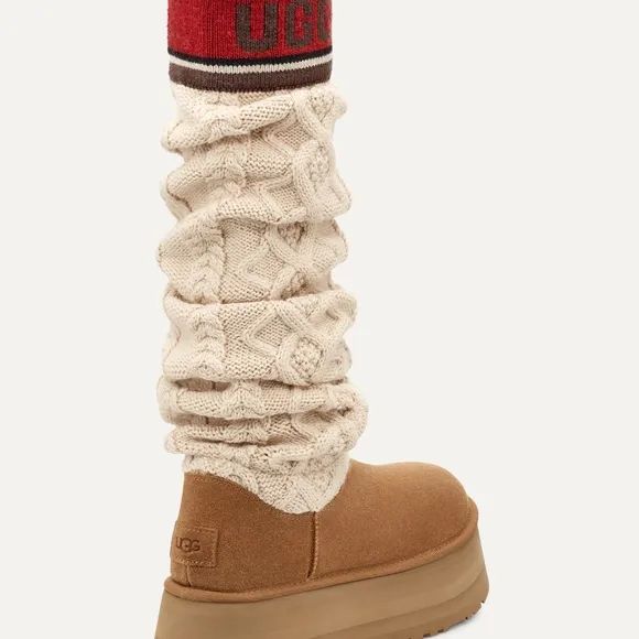 NEW UGG Platform Classic Sweater Letter Cream Tan Winter Boots Knit Boots 9