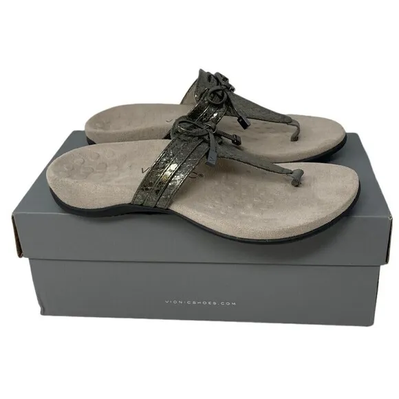 NEW Vionic Amaya Women's Size 6W Wide Sandals Shoes Gray Snake Print Flip Flop