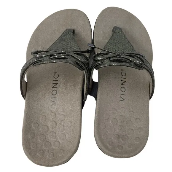 NEW Vionic Amaya Women's Size 6W Wide Sandals Shoes Gray Snake Print Flip Flop