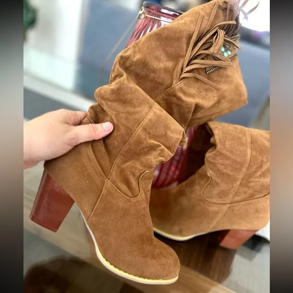 New! Women’s Vegan Leather Fringe Boots Western Cowboy Boots RED