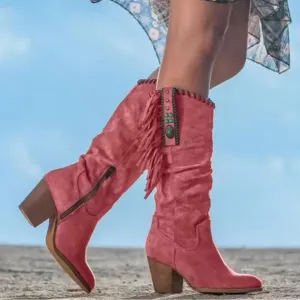 New! Women’s Vegan Leather Fringe Boots Western Cowboy Boots RED