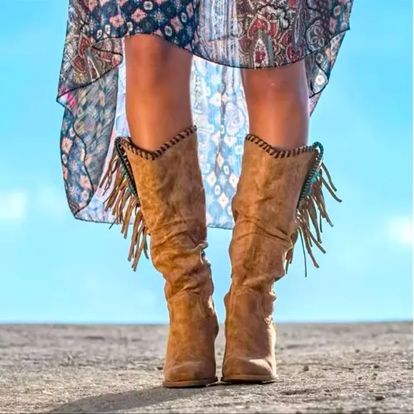 New! Women’s Vegan Leather Fringe Boots Western Cowboy Boots RED