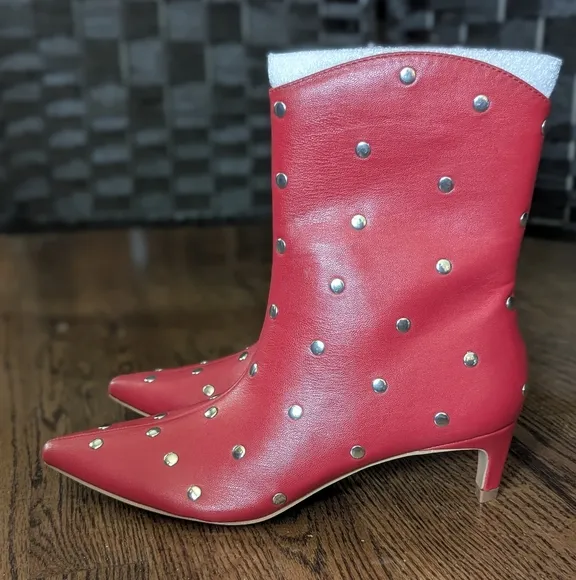 New York &amp; Company Red Ankle Booties Studs Sz 8 NEW in Box Kinky Boots Sexy