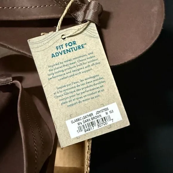 New Chaco Dark Brown Classic Leather Flip Flop Sandals 10