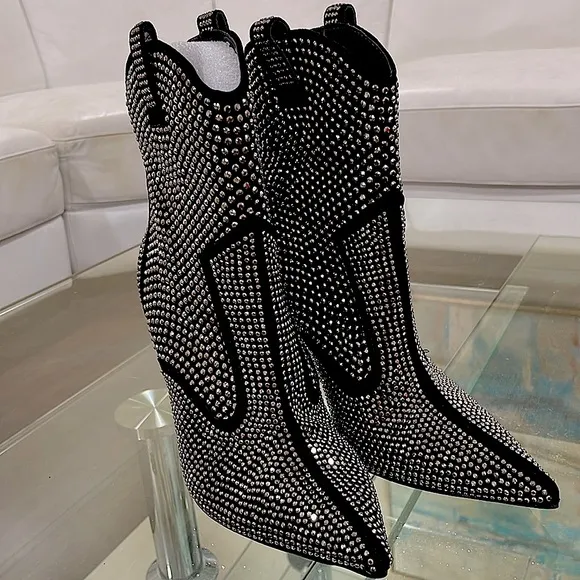 NIB INC rhinestone bling zipper country pointy toe diamond boots black silver