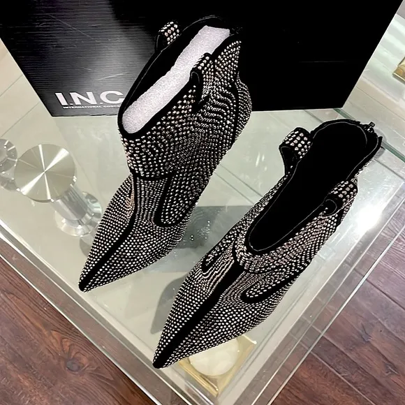 NIB INC rhinestone bling zipper country pointy toe diamond boots black silver