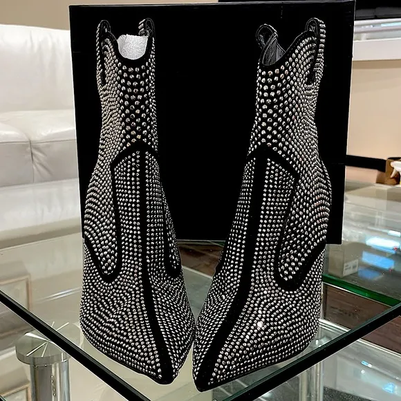 NIB INC rhinestone bling zipper country pointy toe diamond boots black silver