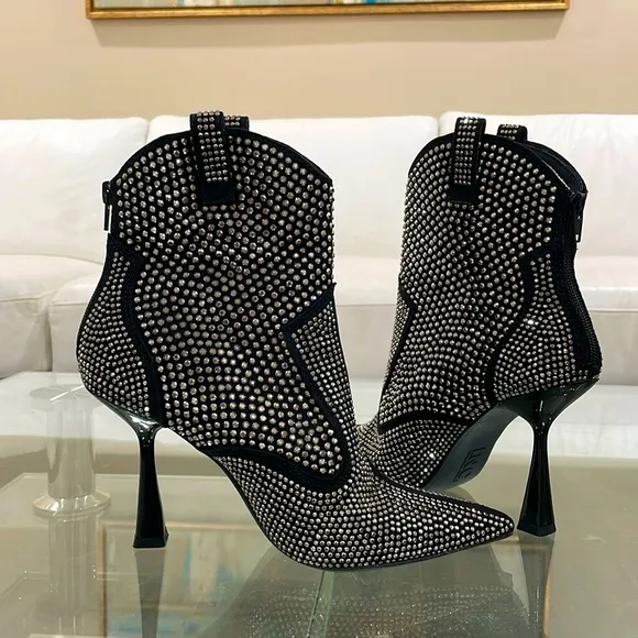 NIB INC rhinestone bling zipper country pointy toe diamond boots black silver