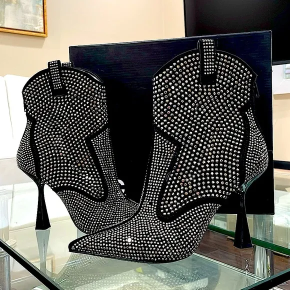 NIB INC rhinestone bling zipper country pointy toe diamond boots black silver