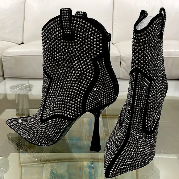 NIB INC rhinestone bling zipper country pointy toe diamond boots black silver