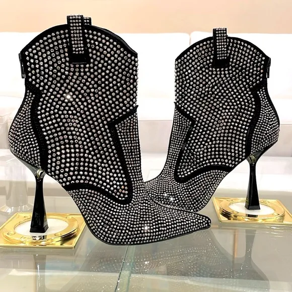 NIB INC rhinestone bling zipper country pointy toe diamond boots black silver