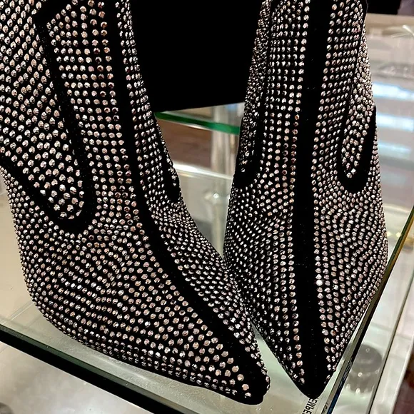 NIB INC rhinestone bling zipper country pointy toe diamond boots black silver