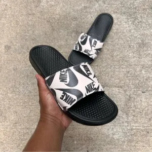 NIKE BENASSI SLIDES JUST DO IT BLACKS WHITES SWOOSH PRINTS