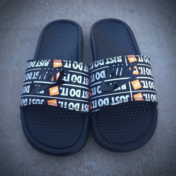 NIKE BENASSI SLIDES JUST DOIT WHITES BLACKS ORANGES