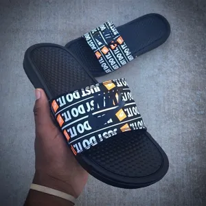 NIKE BENASSI SLIDES JUST DOIT WHITES BLACKS ORANGES