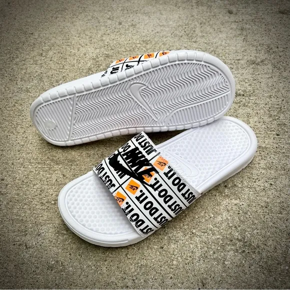 NIKE BENASSI SLIDES JUST DOIT WHITES ORANGES BLACKS