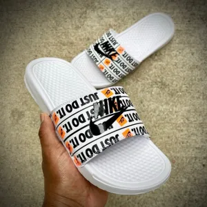 NIKE BENASSI SLIDES JUST DOIT WHITES ORANGES BLACKS