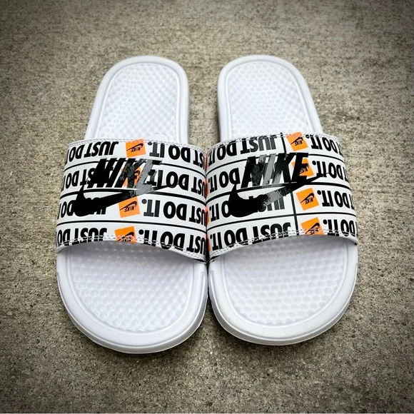 NIKE BENASSI SLIDES JUST DOIT WHITES ORANGES BLACKS