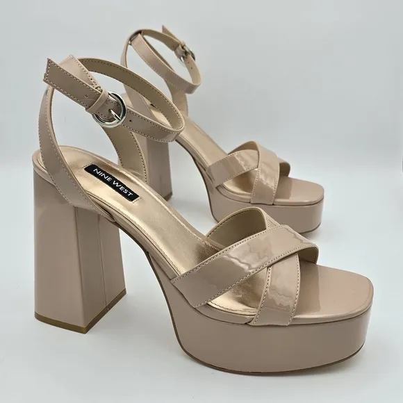 Nine West Joya3 Block Heel Ankle Strap Sandals, Nude, like-new, Size 9M
