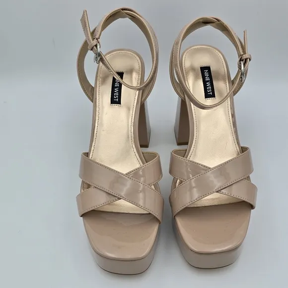 Nine West Joya3 Block Heel Ankle Strap Sandals, Nude, like-new, Size 9M