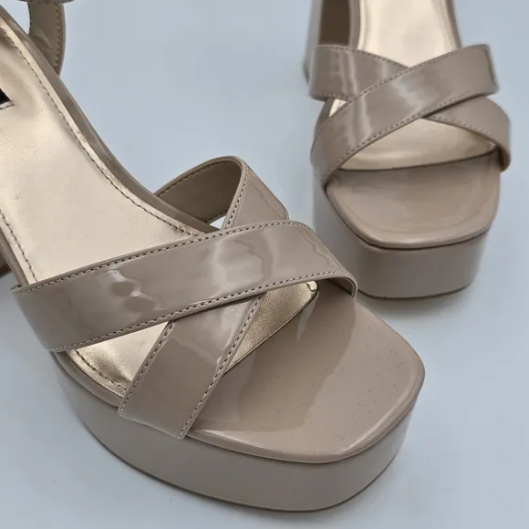 Nine West Joya3 Block Heel Ankle Strap Sandals, Nude, like-new, Size 9M