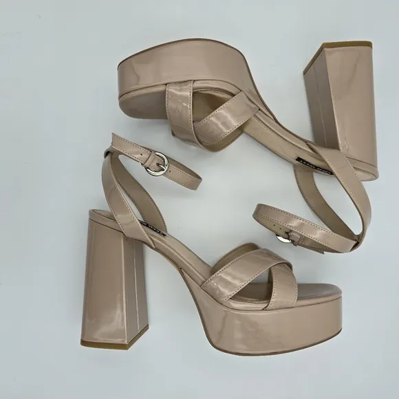 Nine West Joya3 Block Heel Ankle Strap Sandals, Nude, like-new, Size 9M