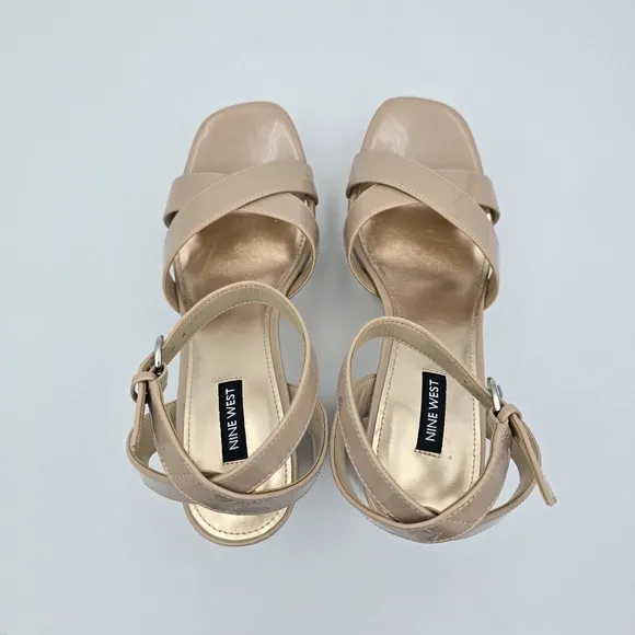 Nine West Joya3 Block Heel Ankle Strap Sandals, Nude, like-new, Size 9M