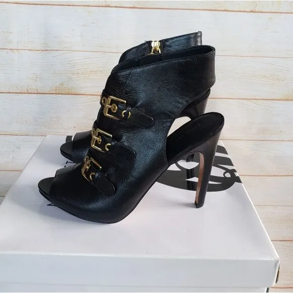 Nine West Leather Mohawkit Peep Toe Heeled Ankle Boots Booties Buckle Black 8M