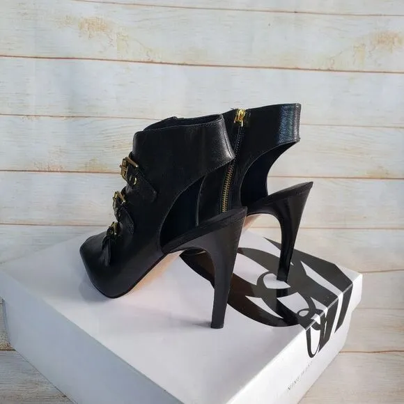 Nine West Leather Mohawkit Peep Toe Heeled Ankle Boots Booties Buckle Black 8M