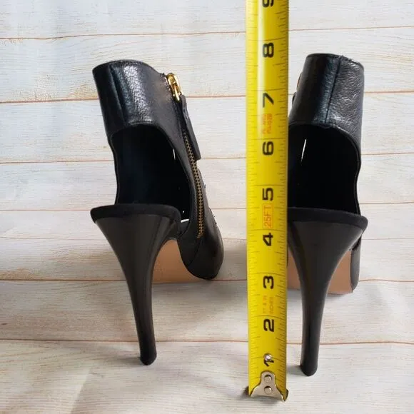 Nine West Leather Mohawkit Peep Toe Heeled Ankle Boots Booties Buckle Black 8M