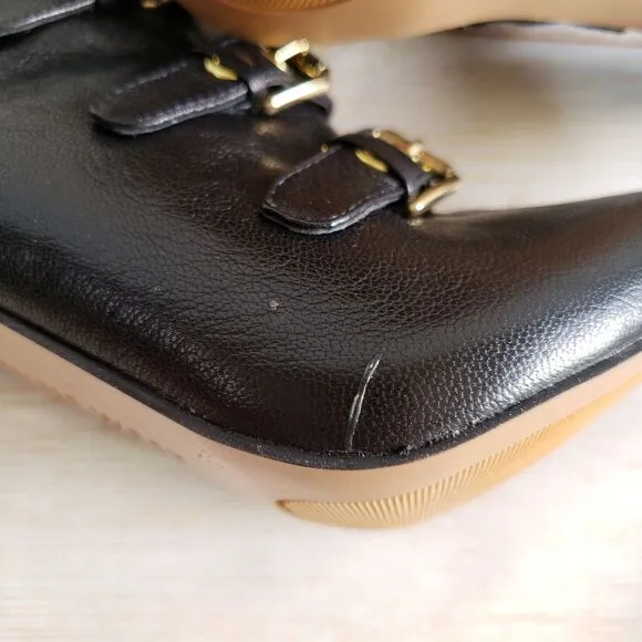 Nine West Leather Mohawkit Peep Toe Heeled Ankle Boots Booties Buckle Black 8M