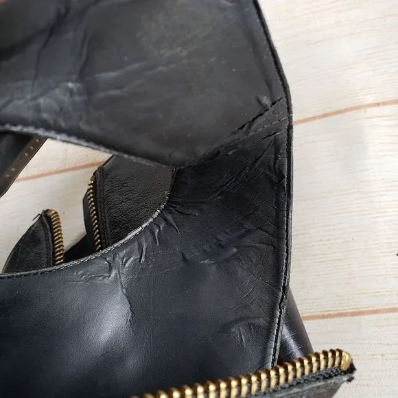 Nine West Leather Mohawkit Peep Toe Heeled Ankle Boots Booties Buckle Black 8M