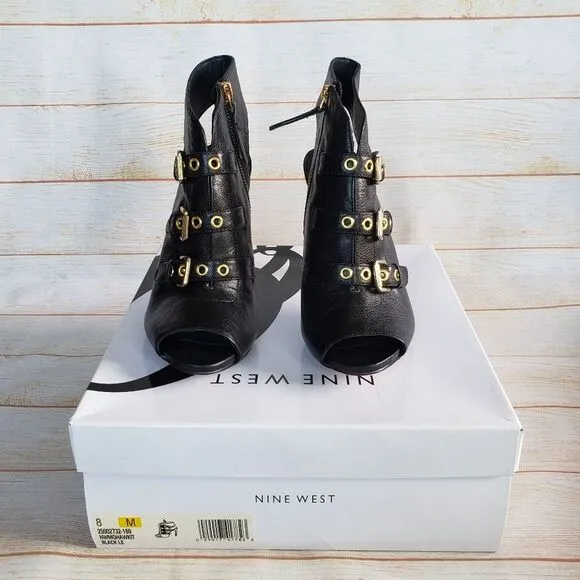 Nine West Leather Mohawkit Peep Toe Heeled Ankle Boots Booties Buckle Black 8M