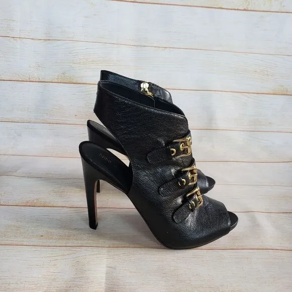 Nine West Leather Mohawkit Peep Toe Heeled Ankle Boots Booties Buckle Black 8M
