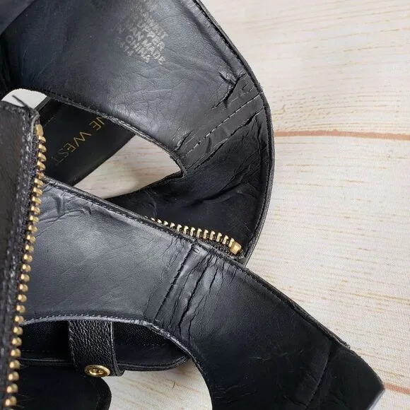 Nine West Leather Mohawkit Peep Toe Heeled Ankle Boots Booties Buckle Black 8M