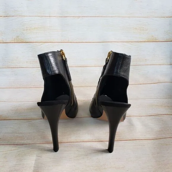Nine West Leather Mohawkit Peep Toe Heeled Ankle Boots Booties Buckle Black 8M
