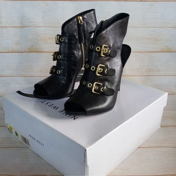 Nine West Leather Mohawkit Peep Toe Heeled Ankle Boots Booties Buckle Black 8M