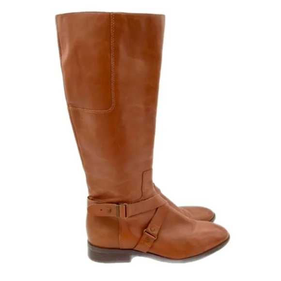 Nine West Womens Blogger Riding Boot Round Toe Ankle Strap Leather Brown Size 8M