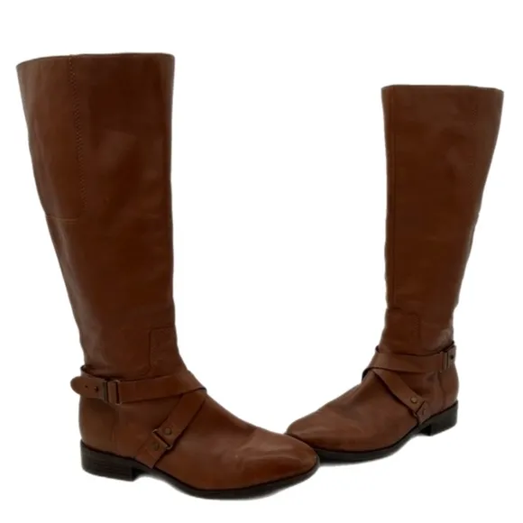 Nine West Womens Blogger Riding Boot Round Toe Ankle Strap Leather Brown Size 8M