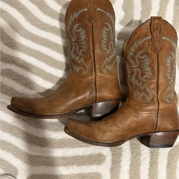 Nocona Brown and Blue Heeled Boots with Western Stitching style 5009 size 12b