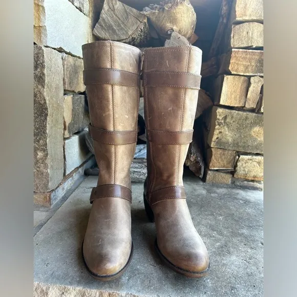 Nurture Dorado light brown leather motto biker hardness midcalf  boots Sz-6M  C