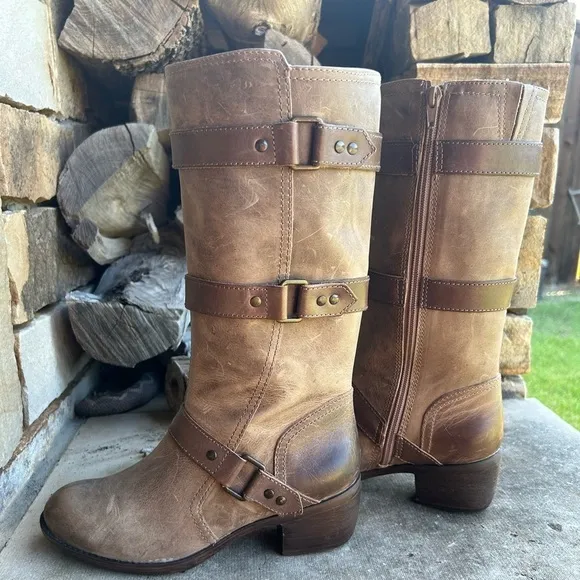 Nurture Dorado light brown leather motto biker hardness midcalf  boots Sz-6M  C