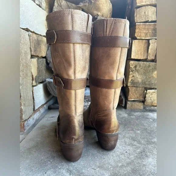 Nurture Dorado light brown leather motto biker hardness midcalf  boots Sz-6M  C