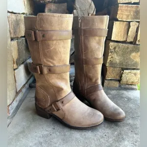 Nurture Dorado light brown leather motto biker hardness midcalf  boots Sz-6M  C