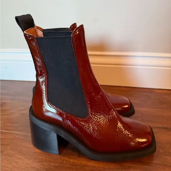 NWOT Ganni Elegant Chestnut Brown Leather Ankle Boots-Size 5, Euro 35